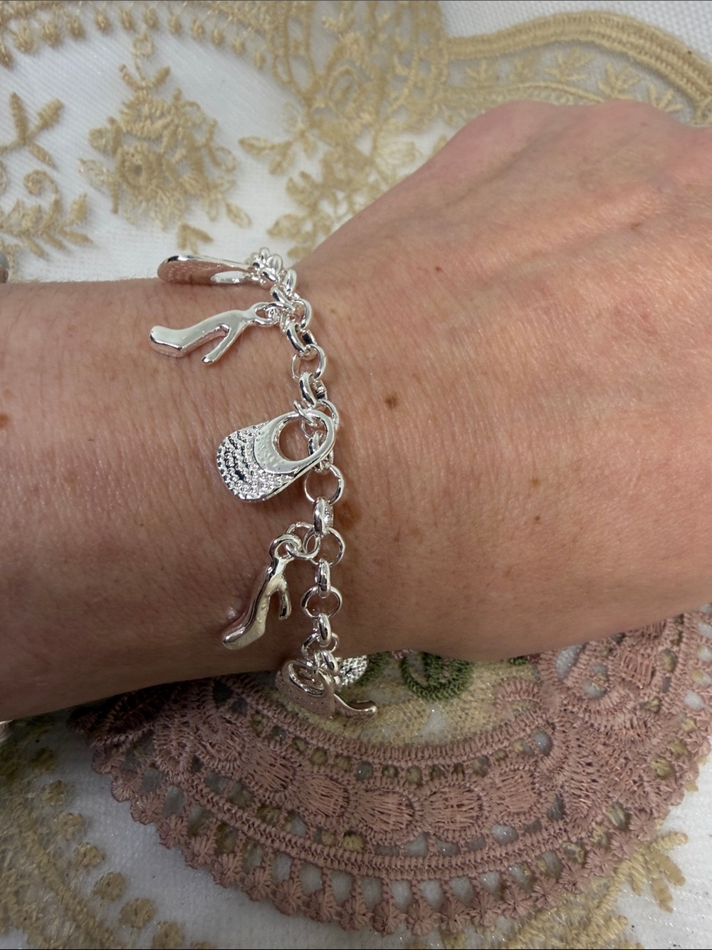 925 Sterling Silver Purse & High Heel Charm Chain Bracelet Toggle Fashionistas